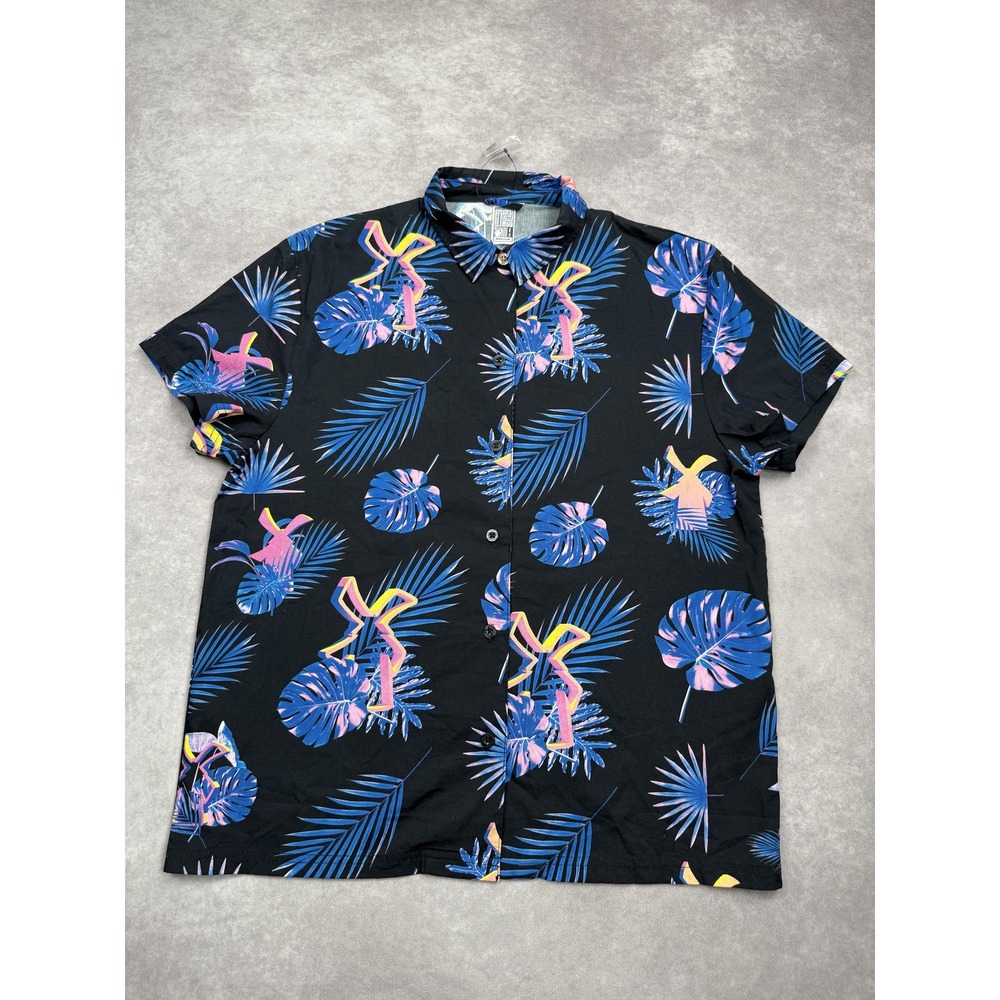 Dutch Bros Shirt Mens Medium Black Blue Pink Hawaiian Aloha Button‎ Up Tropical